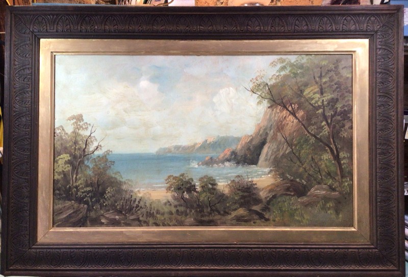 Australian 1880s Framed Coastal Scene Framed Large Oil Painting Unsigned