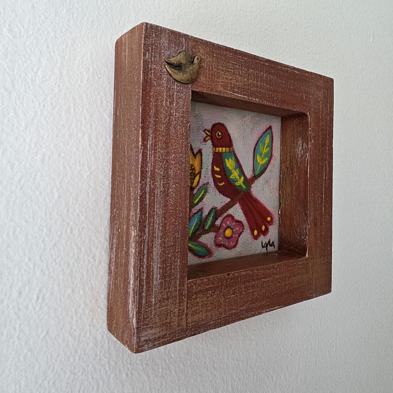 Folk Art ORIGINAL Wooden Frame Red Bird Tree Flower Leaf Branch Painting Acrylic gallery