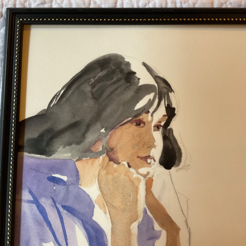 90s woman portrait original watercolor PAINTING framed hand painted gallery