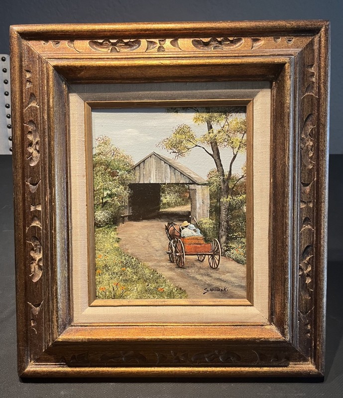 Painting by Sadowski Rural Covered Bridge Oil on Canvas wood frame