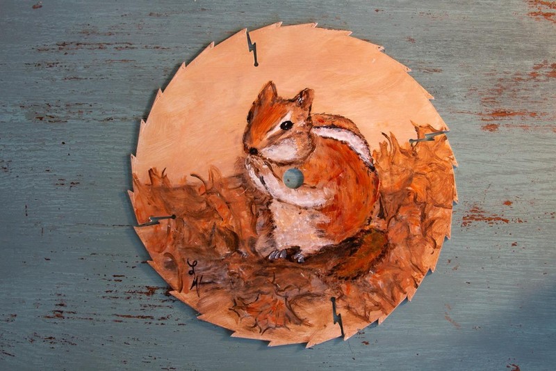 Original Painting Chipmunk Autumn Leaves On 10" Sawblade Signed LW Fall Decor gallery