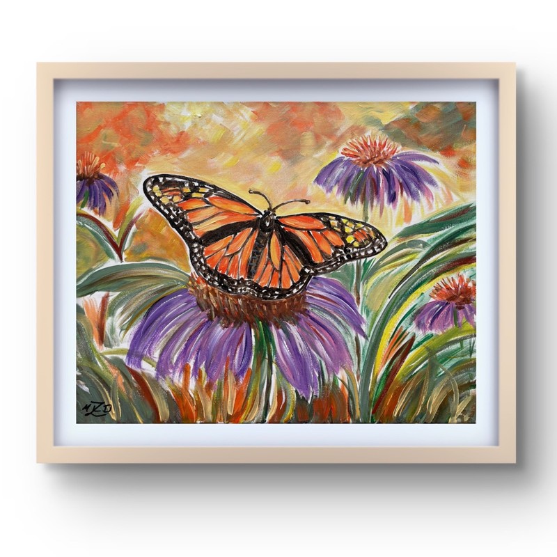 Loeb Original Monarch Butterfly in the Garden 16 x 20 Signed Wall Decor Art