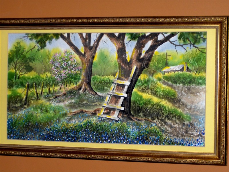 GORGEOUS Bluebonnet Landscape Blooming Tree Flowers Fence WTC Vintage Painting