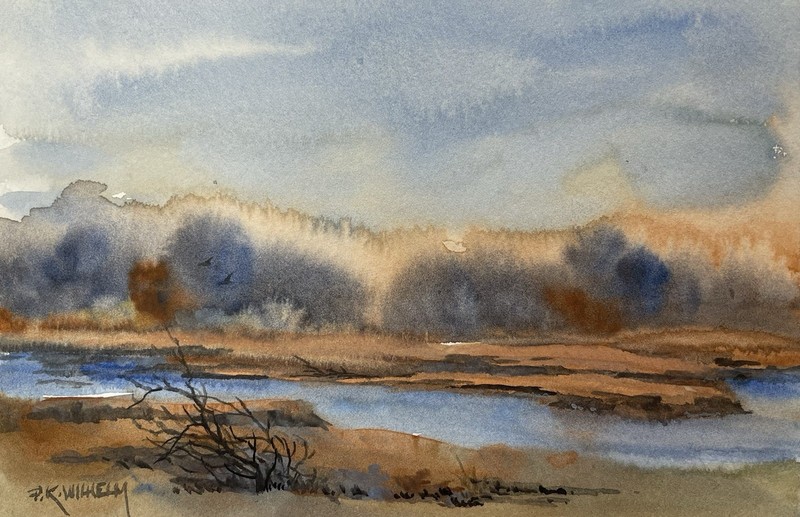 5”x7” Original Watercolor Pamela Wilhelm Desert Trees River Oasis Landscape