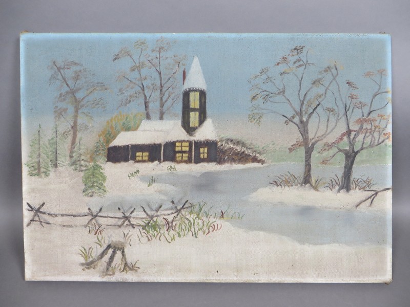 Antique Primitive/Victorian 24.5″ x 16.5″ Winter Cabin Lodge Church Painting