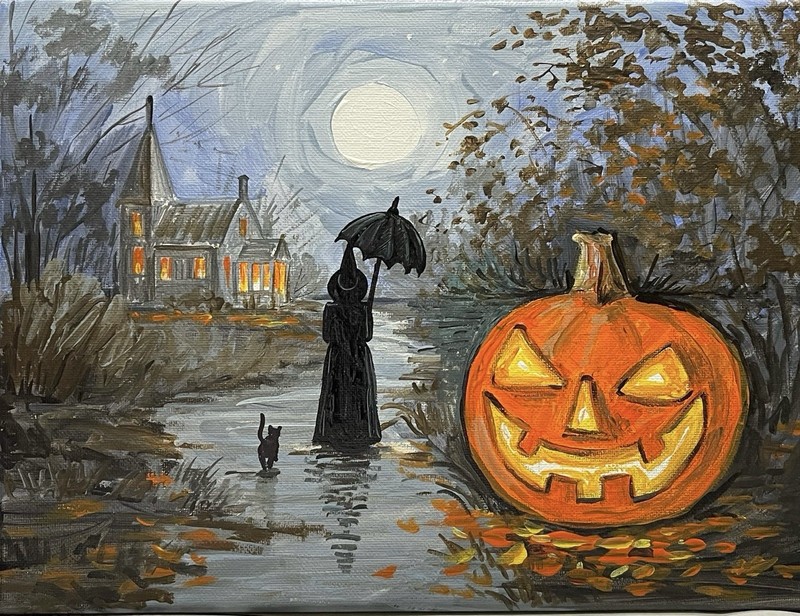 5×7 PRINT OF PAINTING RYTA WITCH BLACK CAT HALLOWEEN HAUNTED HOUSE Witch Pumpkin