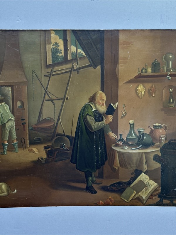 ANTIQUE ALCHEMY ALCHEMIST PAINTING AFTER DAVID TENIER OIL PAINTED ON TIN METAL gallery