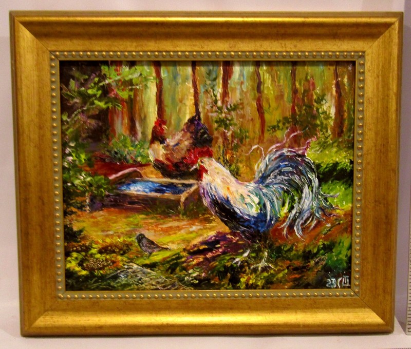Original Oil Painting on Cardboard ROOSTER & HEN by S&T Gold Ornate Wood Frame