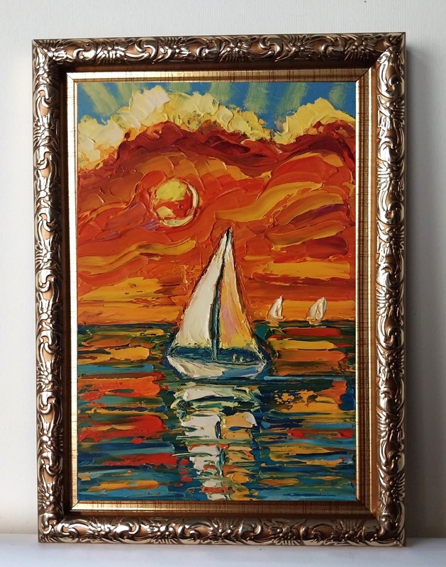 Framed Red Sunset Seascape Sailboat Art Mini Seascape 4x6” Original Oil Painting gallery