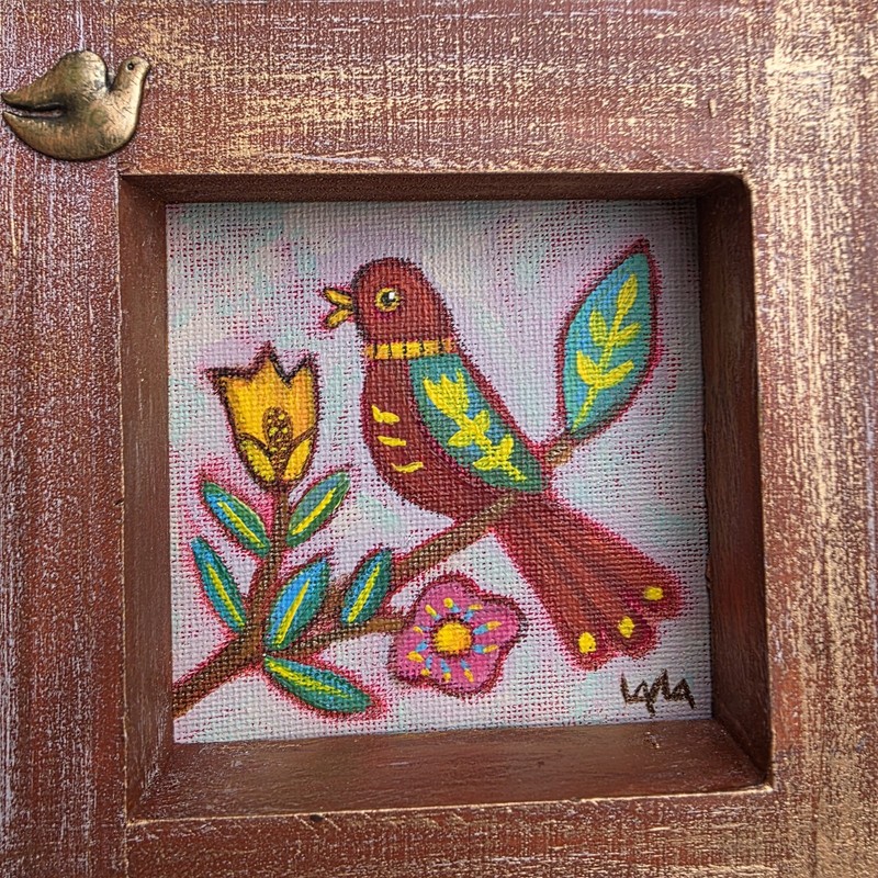 Folk Art ORIGINAL Wooden Frame Red Bird Tree Flower Leaf Branch Painting Acrylic gallery