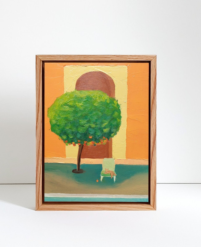 Original Oil Painting Framed Moroccan Garden Pool Landscape with Orange Tree