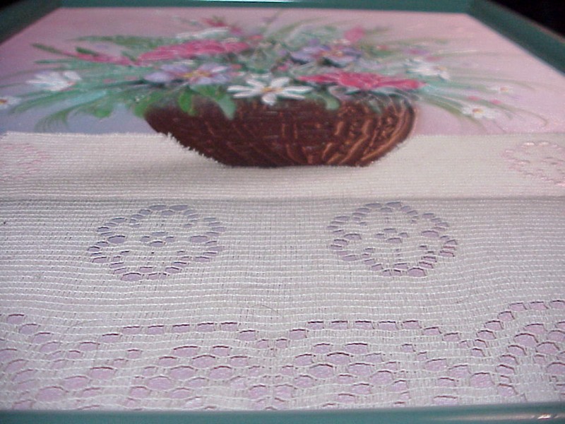 REAL LACE CLOTH WITH THICK PAINT FLOWERS WALL ART 13 1/2 X 17 1/2 IN WOOD FRAME gallery