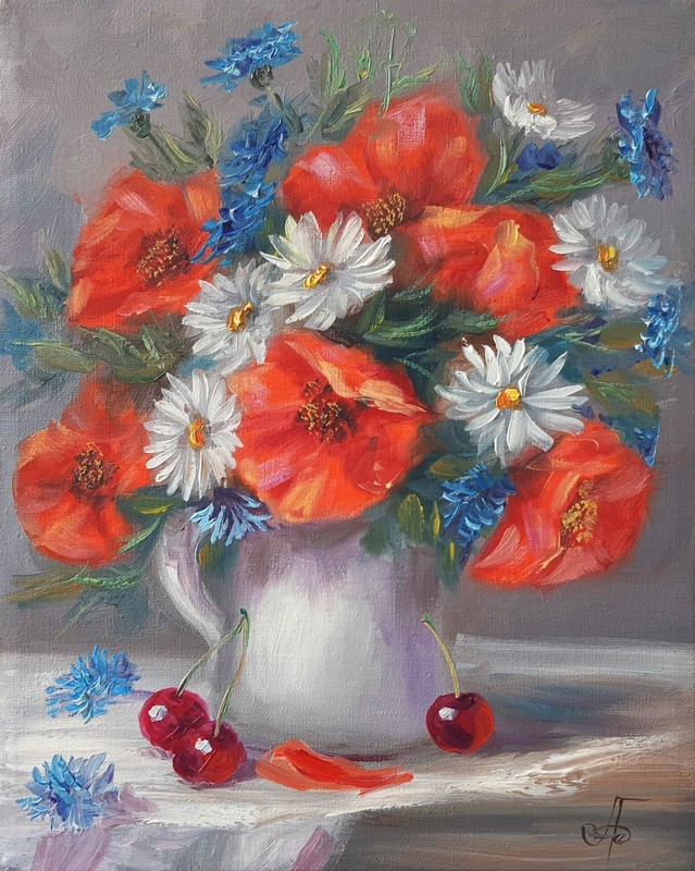 Poppy Wildflower Bouquet Original Oil Painting Impressionist Floral Still Life