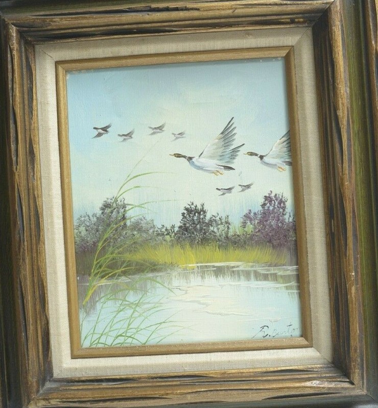 Vintage Duck Marsh Landscape Lake Canvas Signed R. Burton 10″ x 8″ Flying Birds