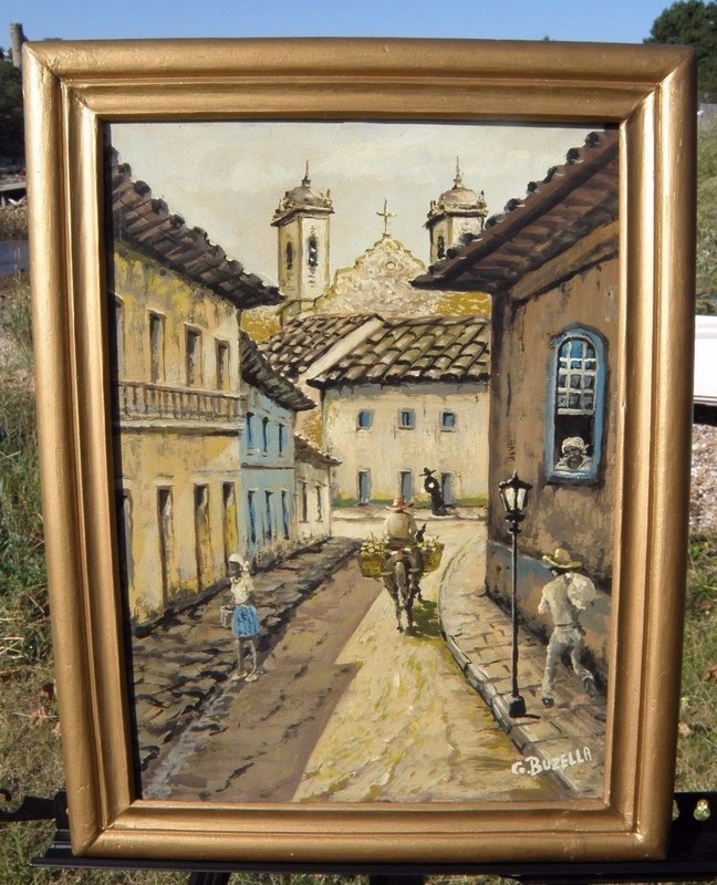 Antique Oil Painting Brazil Street Scene Gold Frame Signed Museum Quality