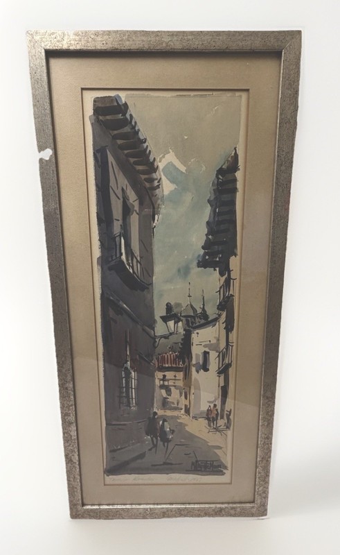 Manuel Vicente Mora Art OOAK Watercolor Walking Town MCM Moody VTG Framed 24" gallery