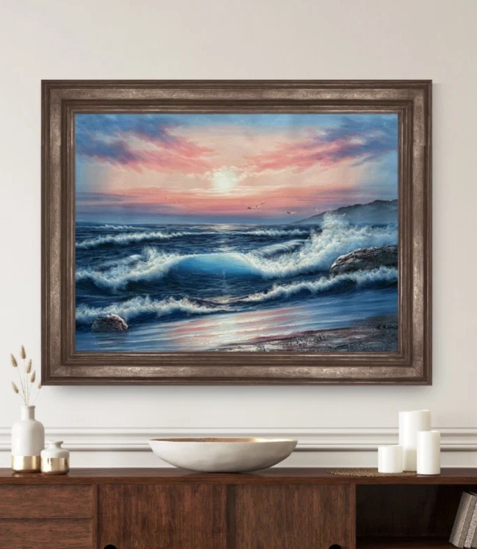 Signed Seascape Oil Canvas Painting Ocean Waves Sunset Coastal Wall Art 36×24