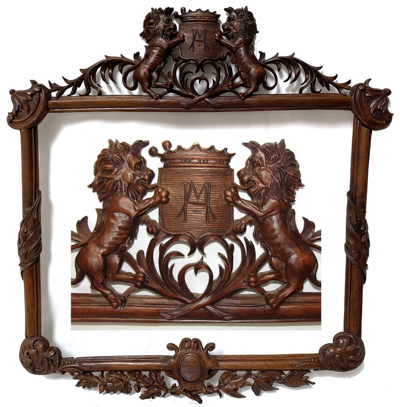 Antique Black Forest Style Carved 28″ Picture Frame, Lions & Royal Crown Topped