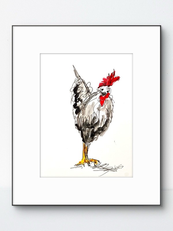 Original Abstract Expressionism 9×12 Chicken Birds Farm Kitchen Art Signed 19