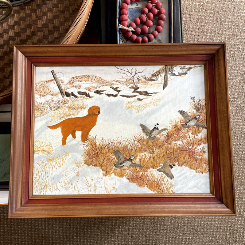 Golden Retriever Hunting Painting VTG Wood Frame Snow Field Quail Birds Art