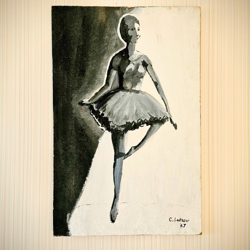Vintage Original Signed Ballet Dancer Oil Painting on Wood Black White 24×15