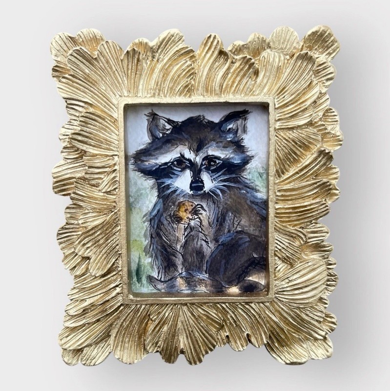 Set of 4 Raccoon watercolor prints in mini gold vintage style ornate frame gallery