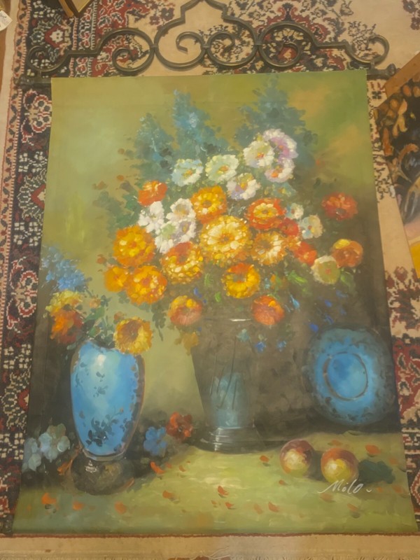 Huge Milo «Still Life With Flowers Scene» Oil Painting In Metal Hanging Bracket
