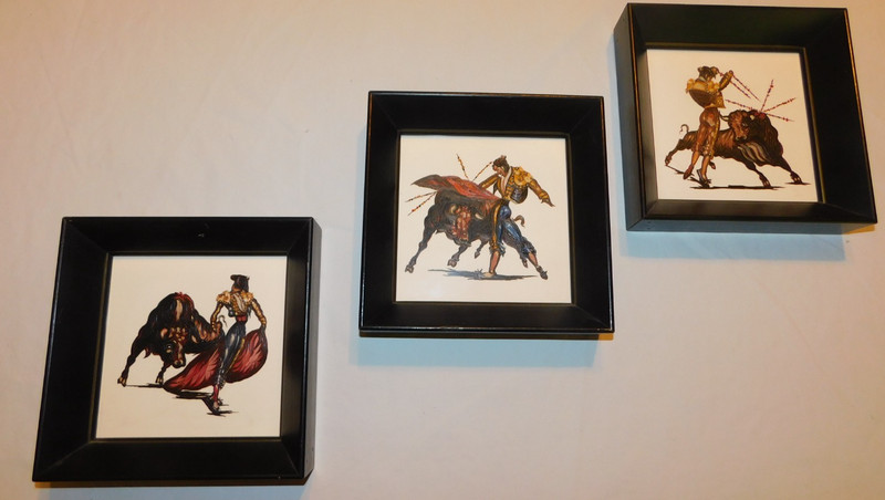 VTG MATADOR BULL FIGHTER PAINTING TRIO SERIES LOT HAND PAINTED TILE MCM OOAK ART
