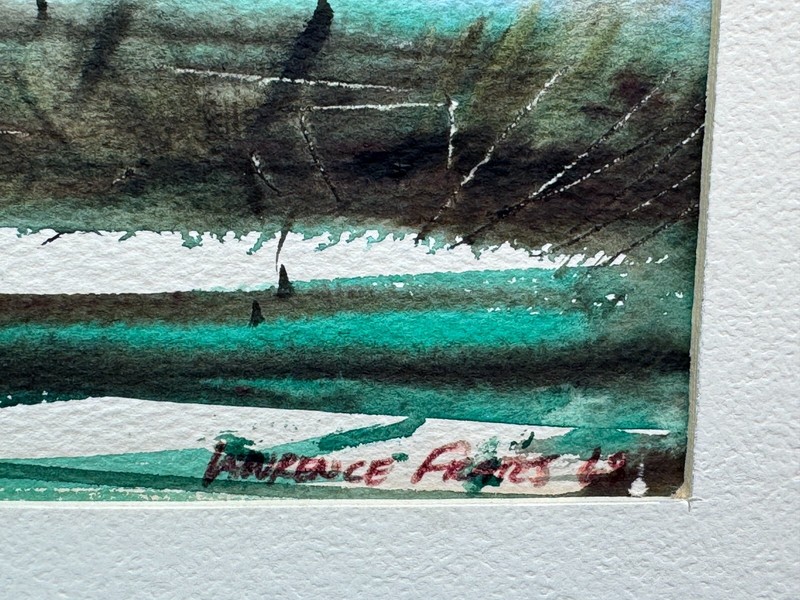 Original Watercolor Painting Signed Laurence Frans Illegible Seascape Boat 1969 gallery