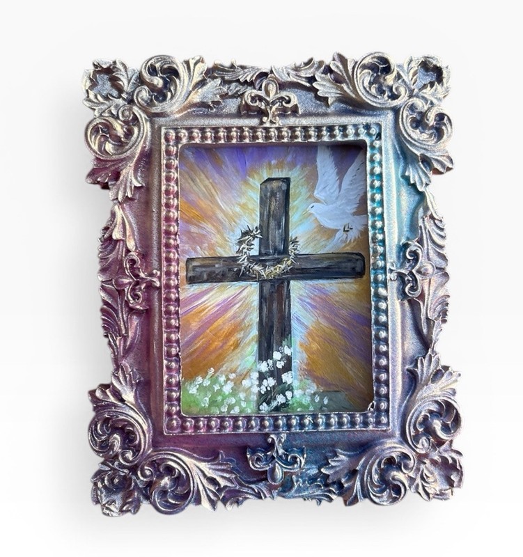 Mini Christian Cross Art Print in Ornate Colorful Vintage Frame