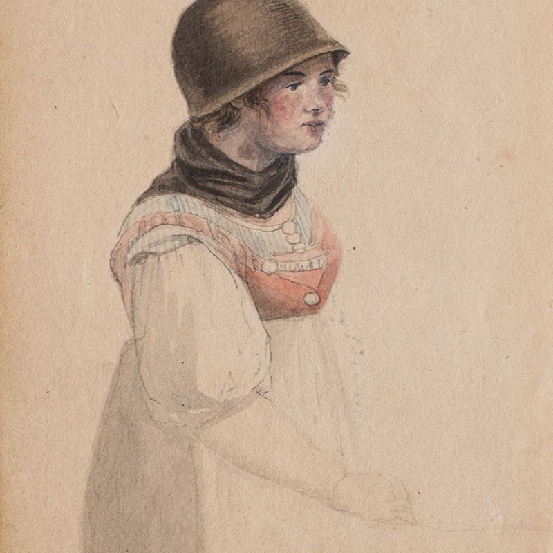 Woman portrait woman in costume fashion Biedermeier unsign drawing watercolor 19th century