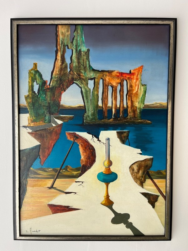 vintage Surrealist oil painting by Jean Amiot «La Rupture» French artist Dali