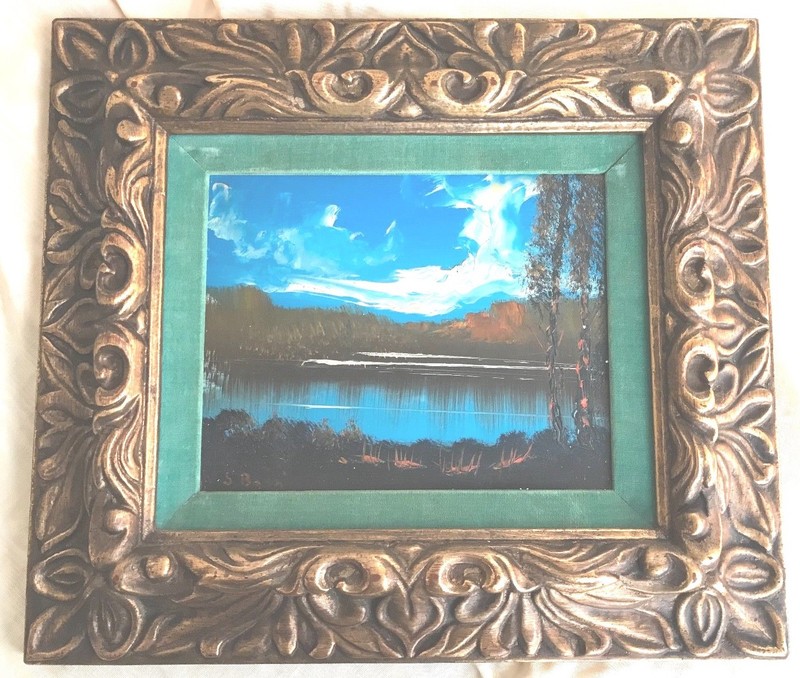 Landscape Painting on Board Wood Frame Velvet Green Inset 17×15 Signed