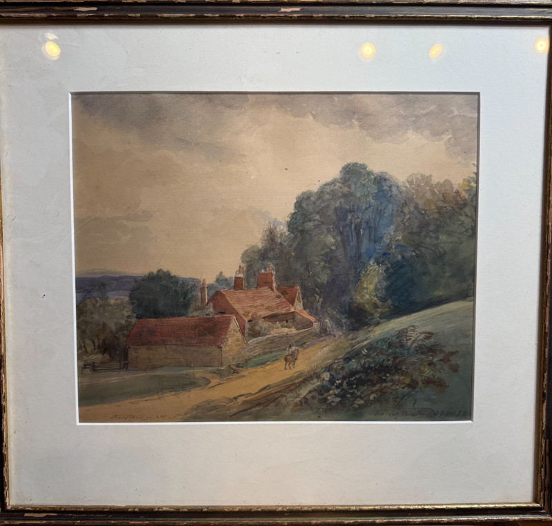 Vintage Signed Village Landscape Watercolor Cottage Road Horse Rider Framed Old