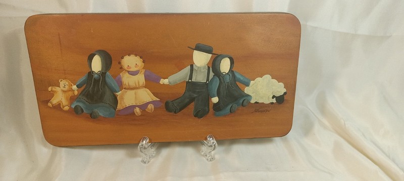 Vtg. Hand Painted Amish Dolls~ Children Folk Art Wood Plaque, Signed~11 34"x 6" gallery