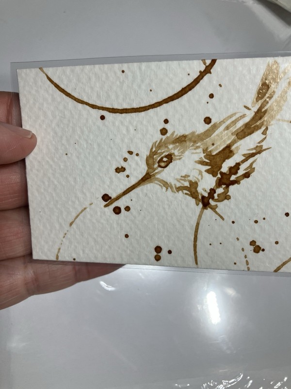 Aceo Original Coffee Hummingbird Painting Bird Lover ATC Art Miniature Realism