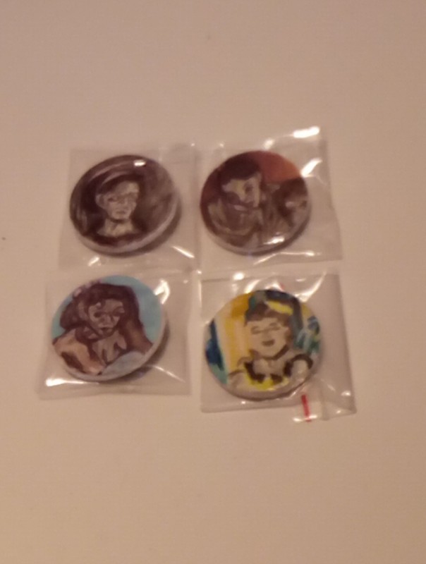 4 Original Hand Drawing and Oil Painting on 1 1/4″ Pin Button