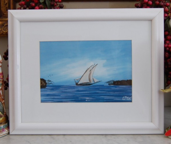 A P JOSEPH FRAMED ORIGINAL VTG GOUACHE ON PAPER FORT COCHIN SAILBOAT & SHORELINE