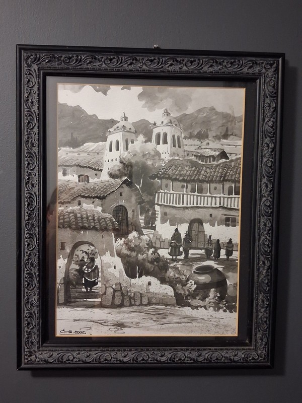 Signed Framed Original Monochrome Watercolor Ink Wash 2002 Traditional Village