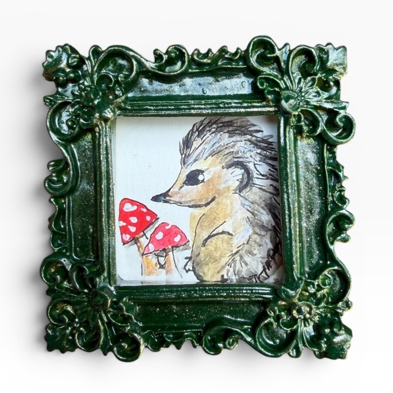 TEENY MINI • Hedgehog & Mushrooms watercolor animal print in TINY ornate frame
