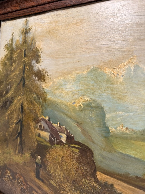 20th C Antique Oil on Tin Forest Alpine Landscape Chalet Seascape Moody Framed gallery