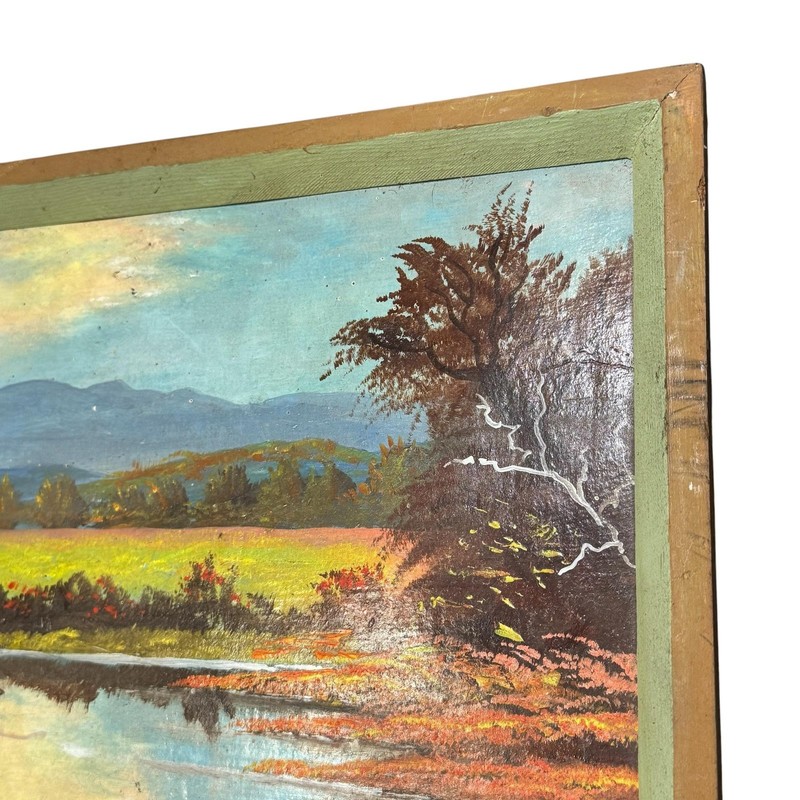 Vintage P. Ross Landscape Trees River Original Painting Signed 10.75x18.75 gallery