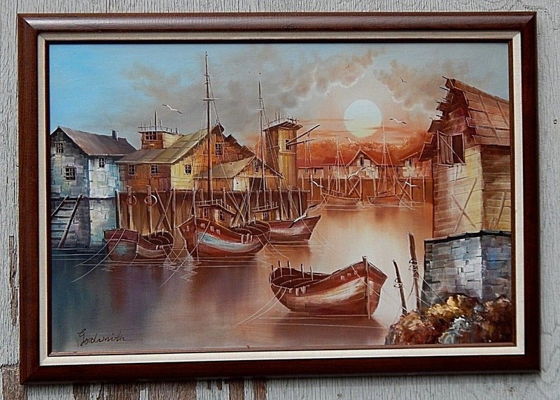 ARTIST GOLDSMITH: Fishing Village, New England, 1880’s Scene. Original Oil Ptg