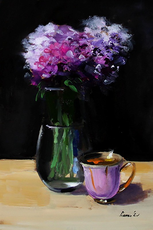 PINK Flowers and cup Still Life Oil painting UKRAINE 8X12