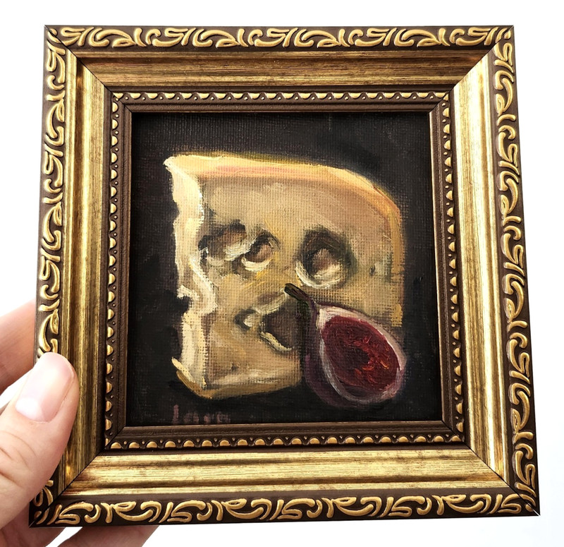 Original Oil Painting Cheese & Fig Framed Moody Kitchen Still Life 4×4 Signed