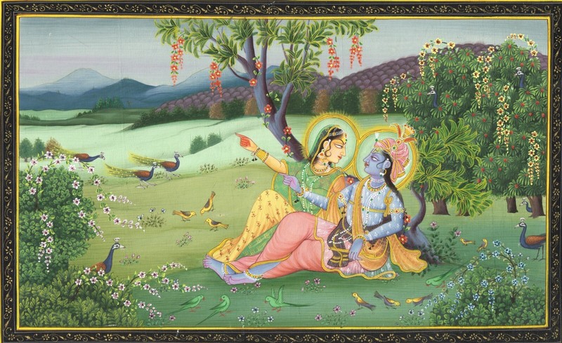 Hindu Religious Painting Of Radha Krishna In Love Scene On Silk Cloth 11x7 Inch gallery