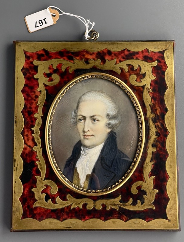 Man in Powdered Wig Portrait Miniature Antique Signed Fine Oval Painting Under B