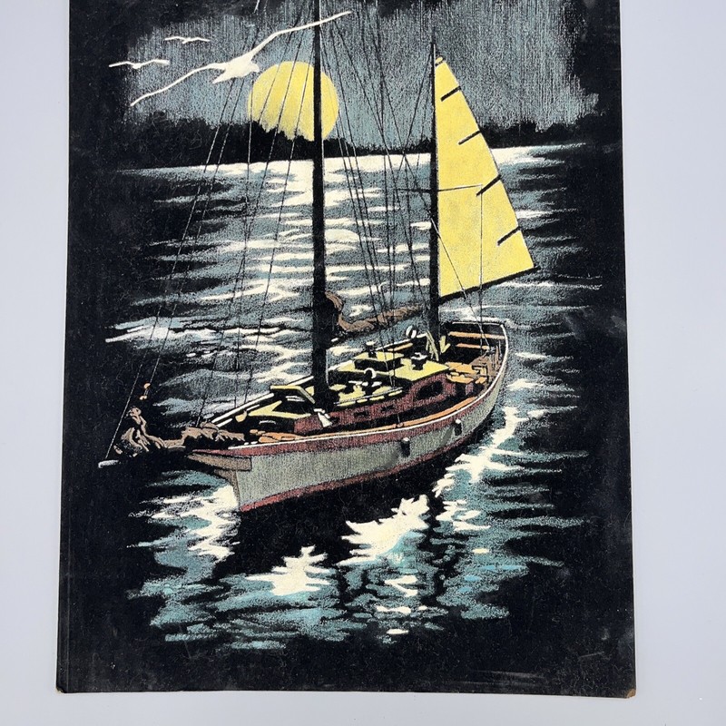 Vintage SAILBOAT Painting Velvet Board Seagulls Moon Sailing Ocean Nautical