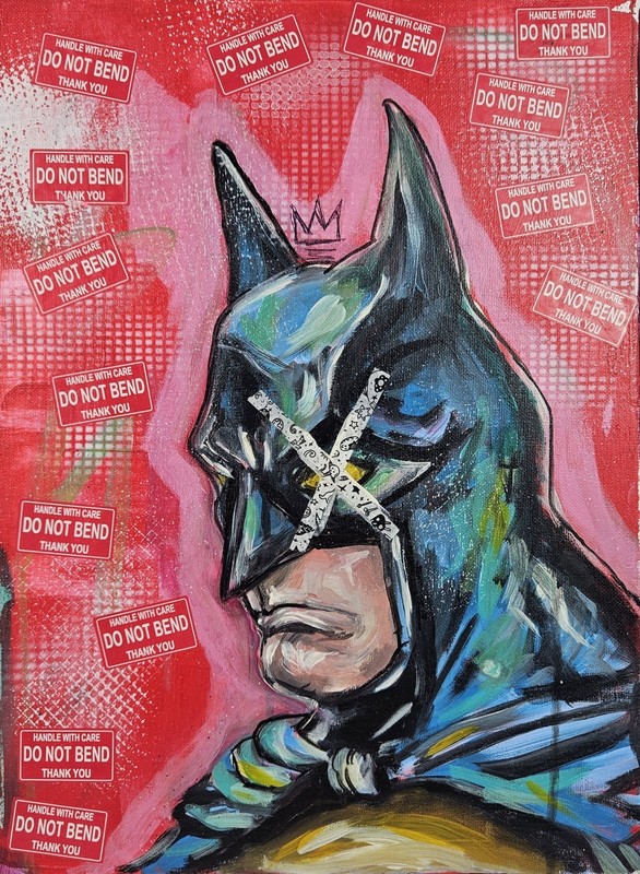 21st C Original 16×12 «Do Not Bend Batman» Acrylic On Canvas Artist Signed Crown