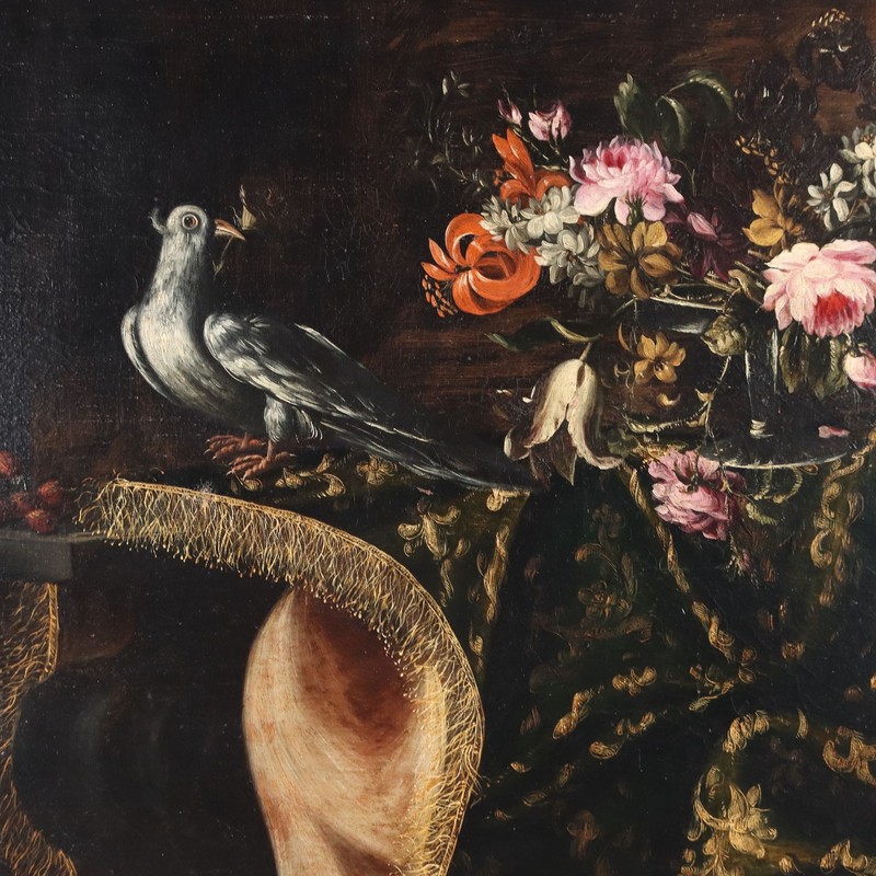 Ancient Painting Still Life with Flowers and Birds Oil on Canvas ‘600